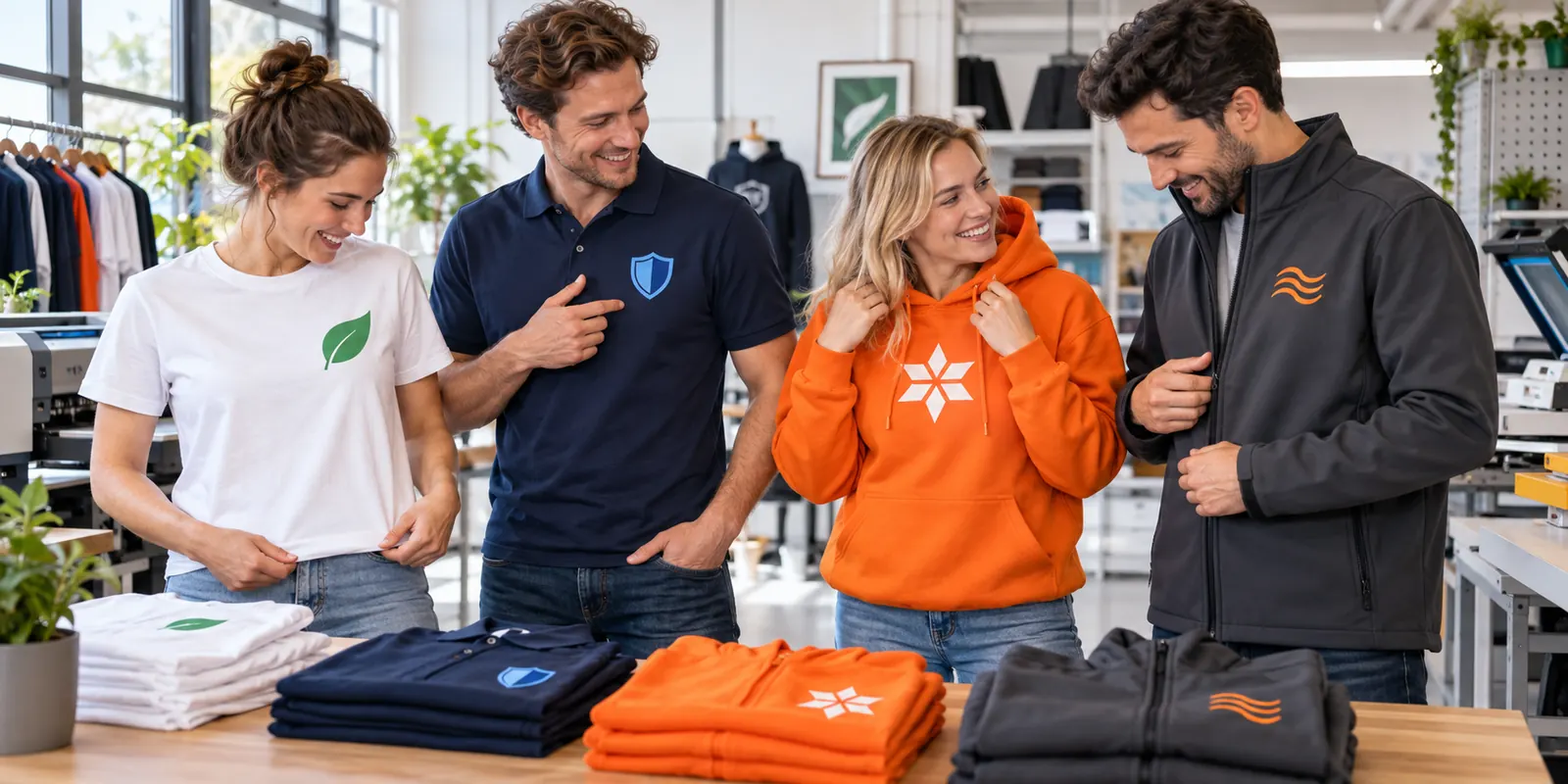 Klanten tonen verschillende bedrukte kledingstukken met unieke logo’s in Nederland