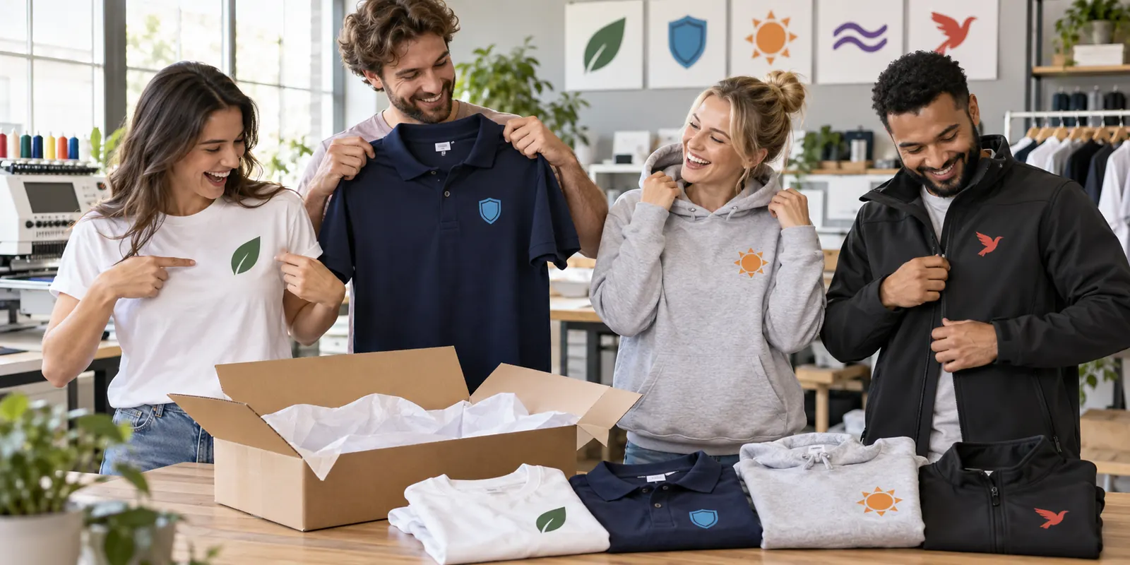 Klanten ontdekken kleding met verschillende professioneel bedrukte logo’s